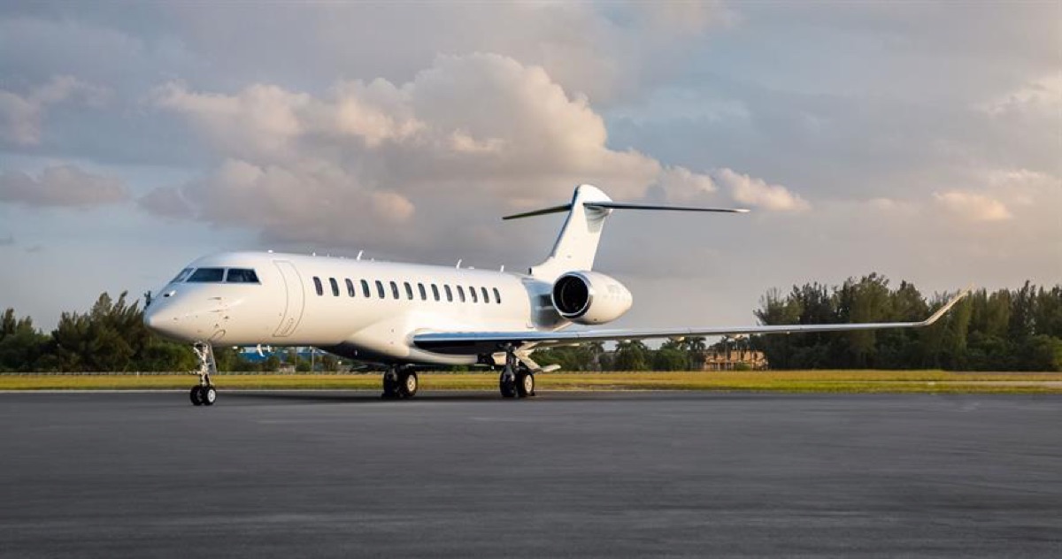 Long-range Bombardier Global jet on the apron, the aircraft type used for intercontinental medical transfers