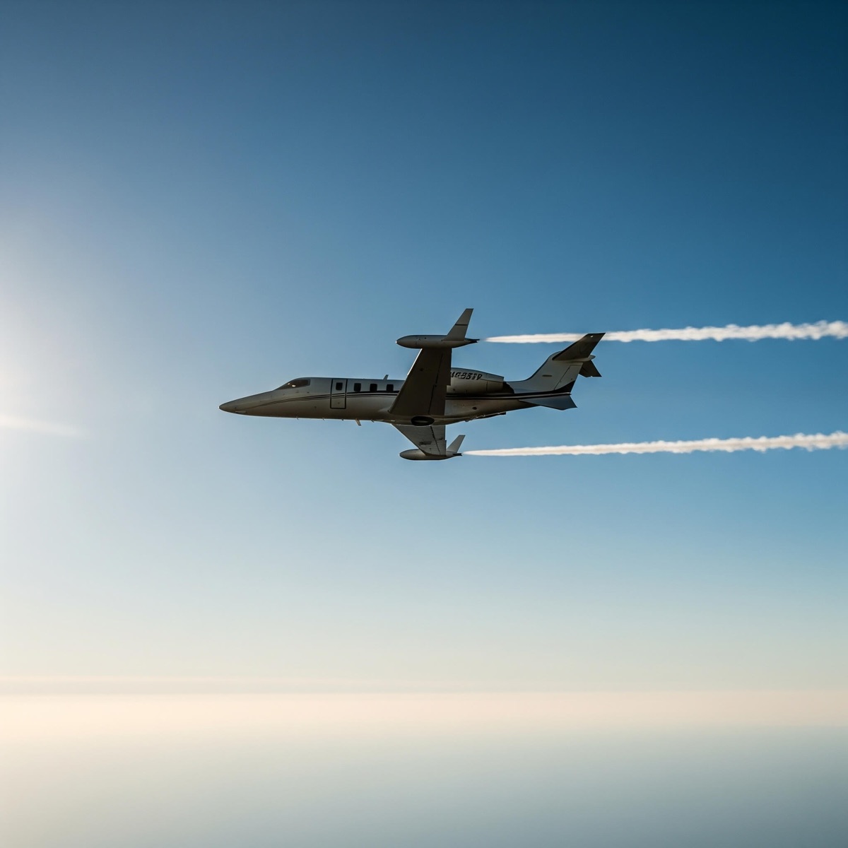 Learjet air ambulance in flight at altitude leaving contrails against a clear sky